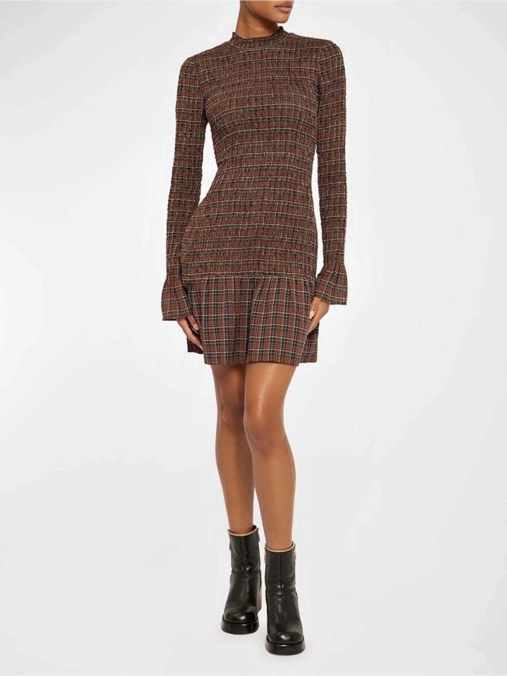 🍂 Joie Houda Smocked Plaid Flounce Mini Dress Small Ruffle Cottagecore Fall